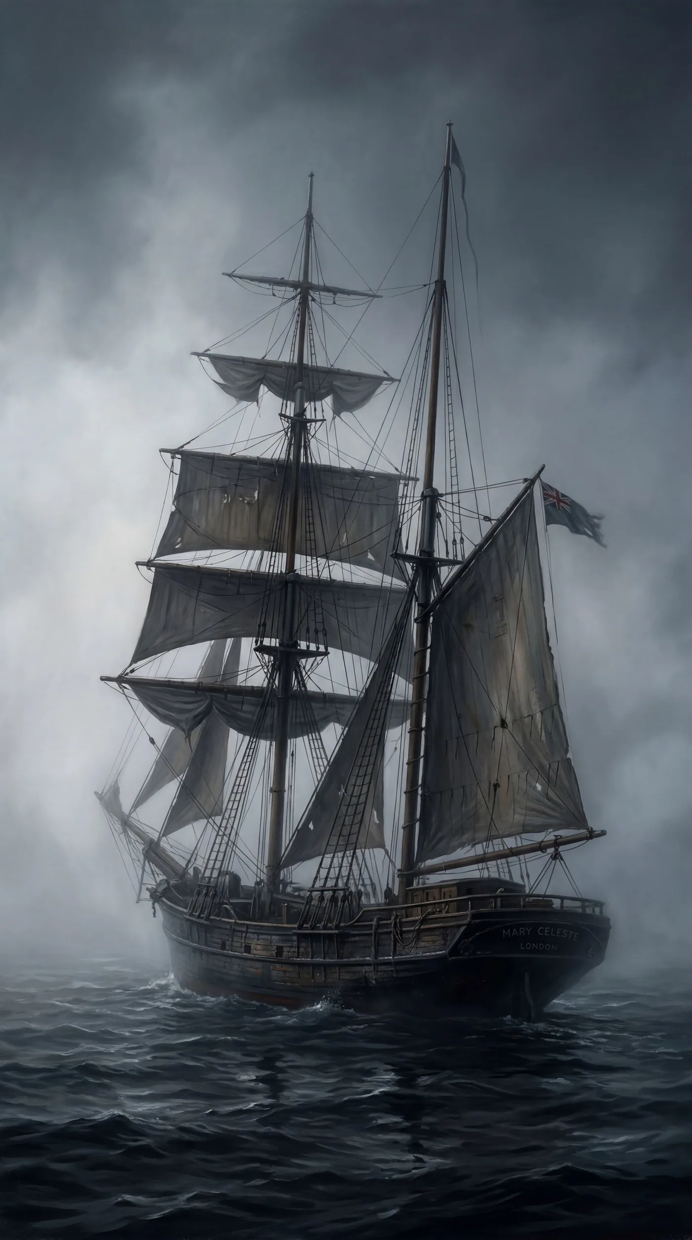Ein historisches Segelschiff mit gesegelten Segeln im Nebel auf dem Meer – Motiv für Skandinavischer Stil als Fototapete
