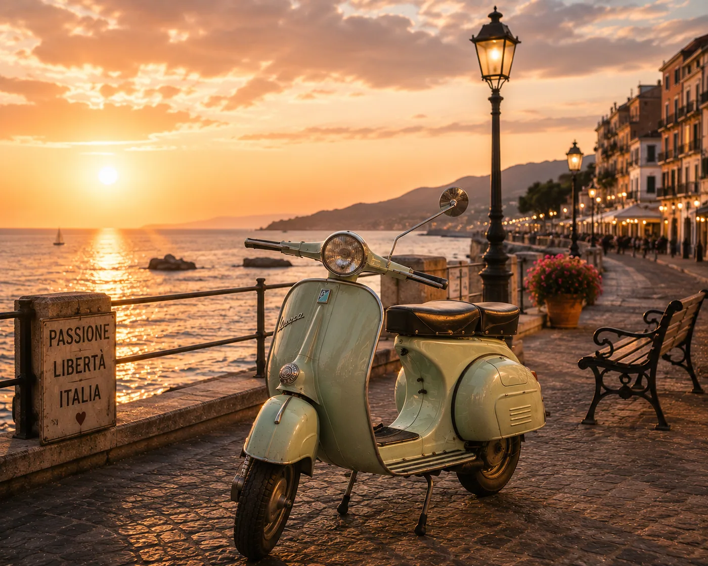 Eine Vintage Vespa steht am Promenade bei einem wunderschönen Sonnenuntergang – Motiv für Vintage & Retro als Fototapete