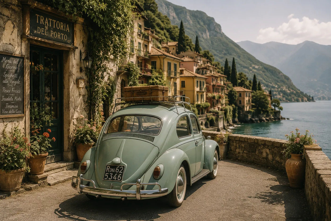 Ein klassischer VW-Käfer steht vor einer Trattoria am Ufer eines idyllischen Sees – Motiv für Teenager & Jugendzimmer als Fototapete