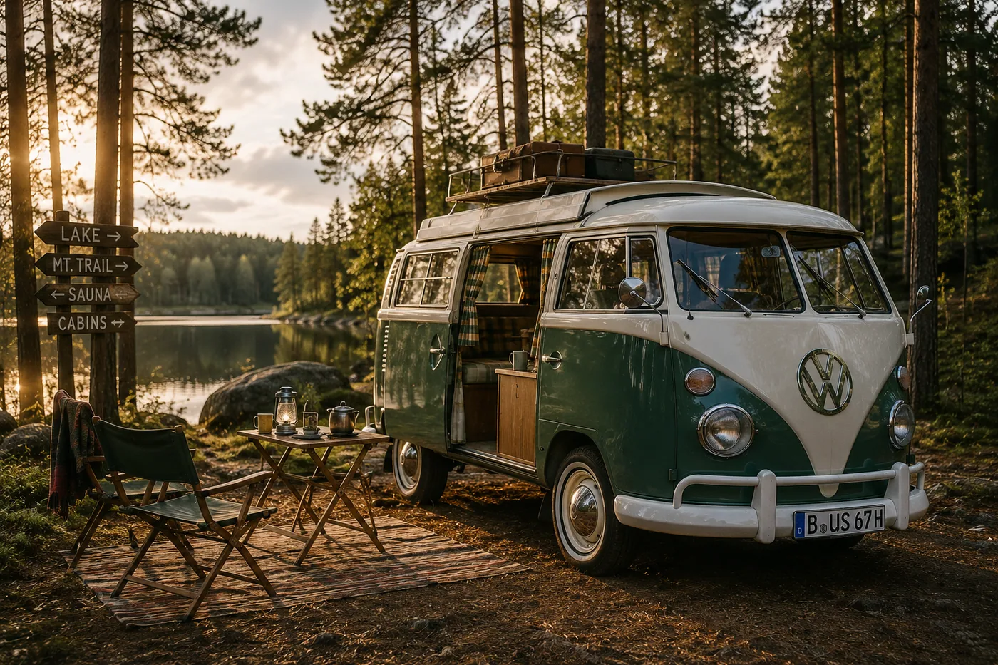 Ein VW-Bus steht im Wald bei einem See und ist für ein Campingabenteuer vorbereitet – Motiv für Teenager & Jugendzimmer als Fototapete