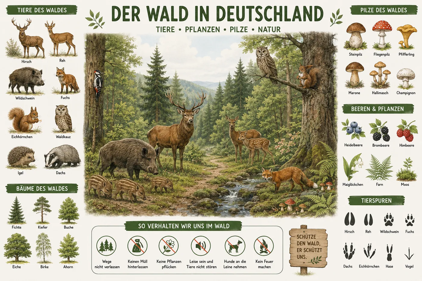 Bunte Waldlandschaft mit verschiedenen Tieren und Pilzen