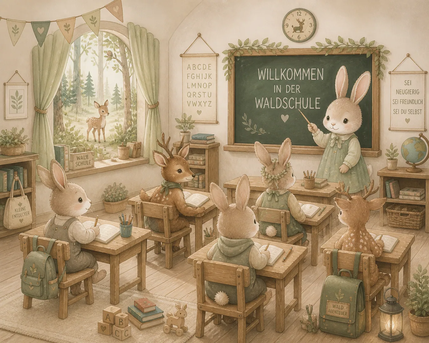 Klassenzimmer mit Kaninchen und Hirschen in Waldschule – Motiv für Kinderwelten als Fototapete