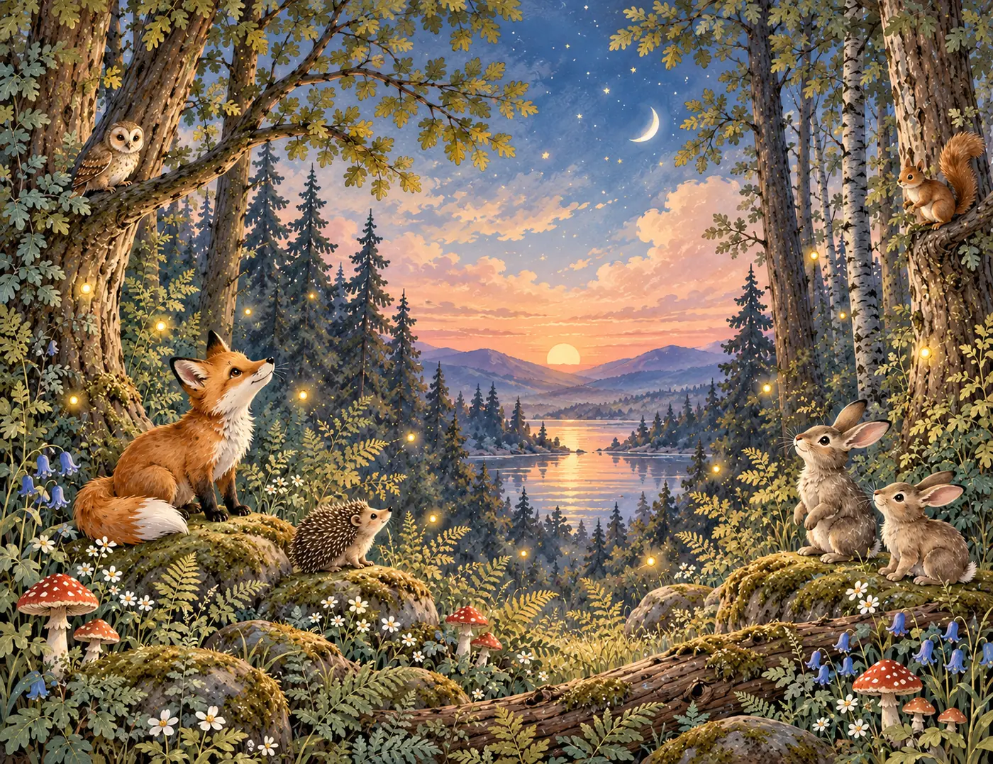 Fuchs, Hasen, Igel und Eule im Märchenwald an einem See bei Sonnenuntergang