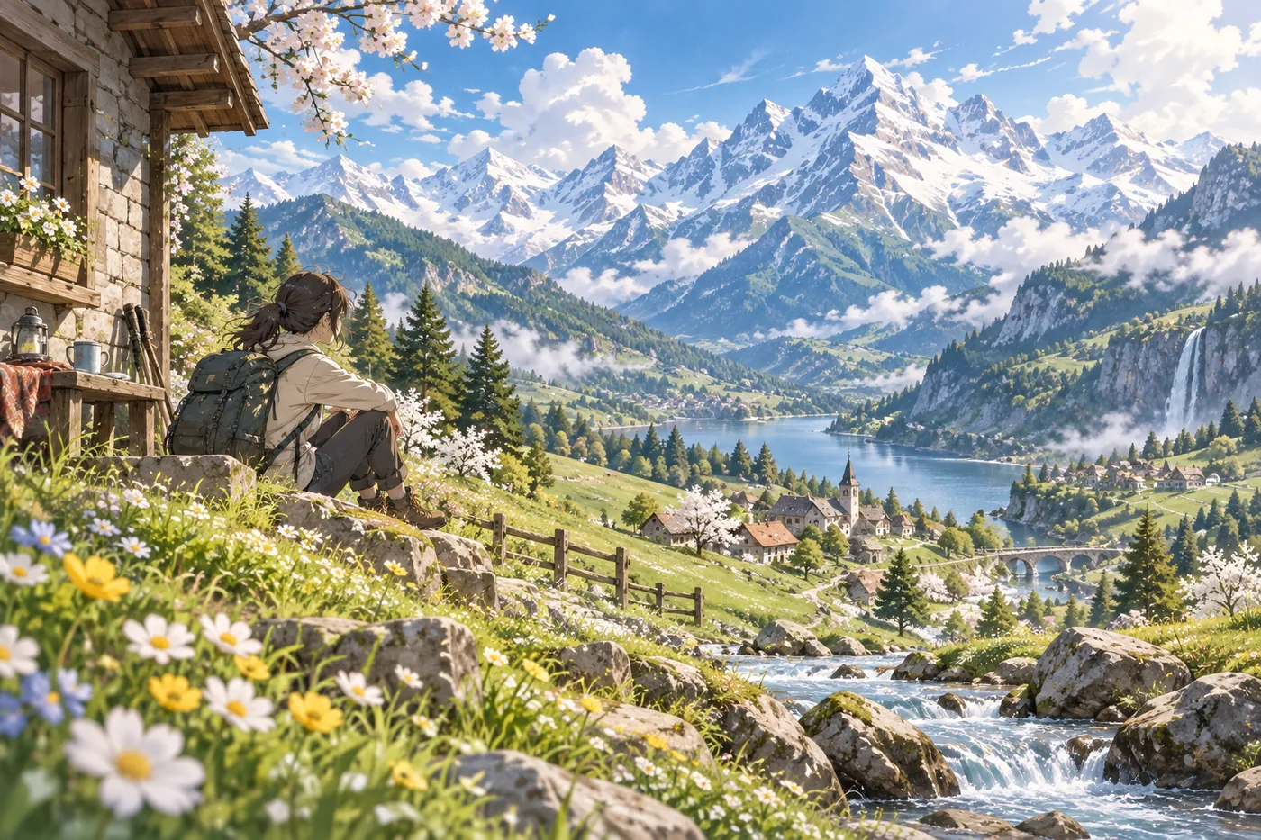 Wanderer rastet auf einer Blumenwiese an einer Hütte mit Blick auf Bergsee, Bach und schneebedeckte Gipfel im Anime-Stil