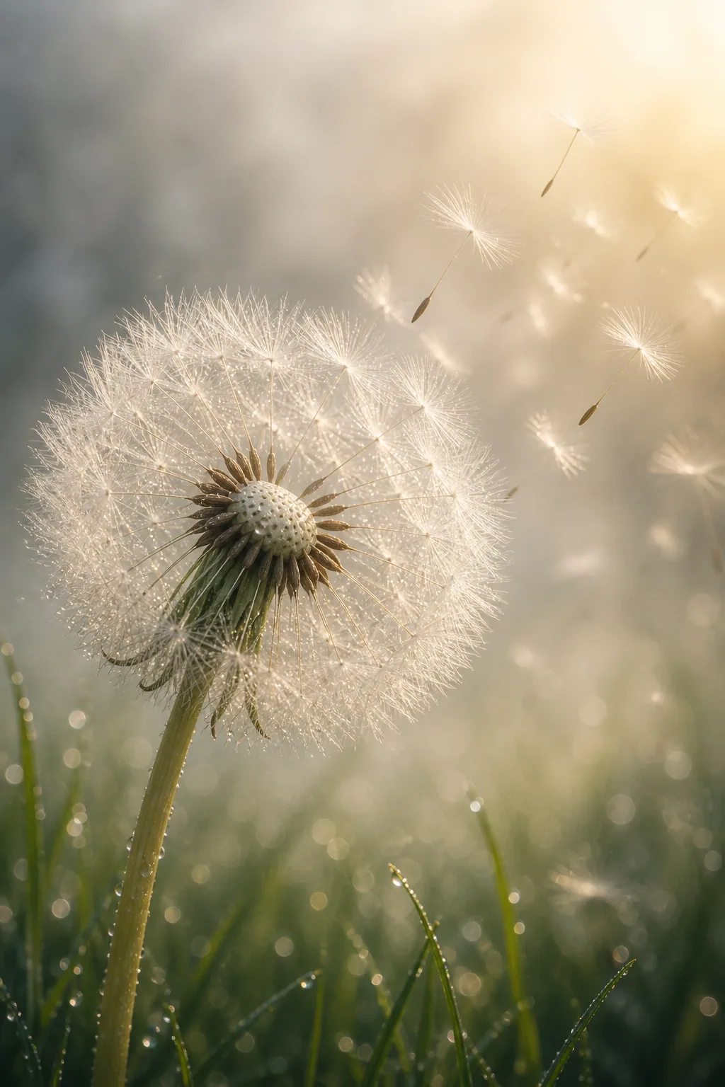 Löwenzahn im Wind mit sanftem Licht und grünem Gras im Vordergrund – Motiv für Blumen & Florale Designs als Fototapete