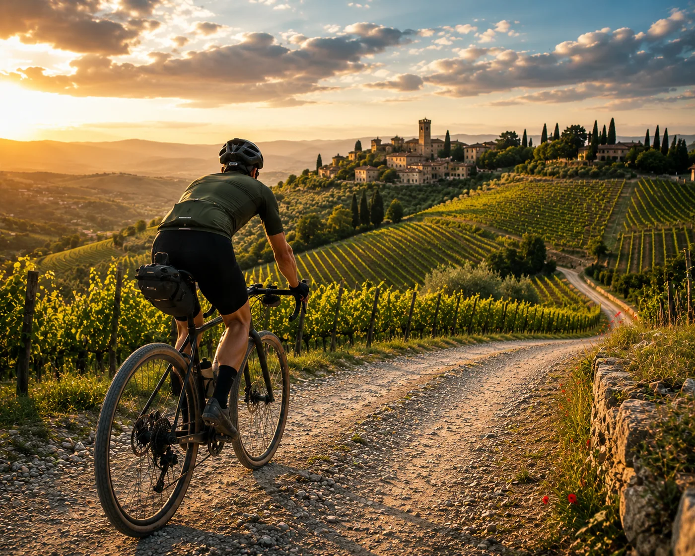 Ein Radfahrer fährt auf einem schmalen Pfad durch Weinberge bei einem beeindruckenden Sonnenuntergang – Motiv für Sport & Dynamik als Fototapete