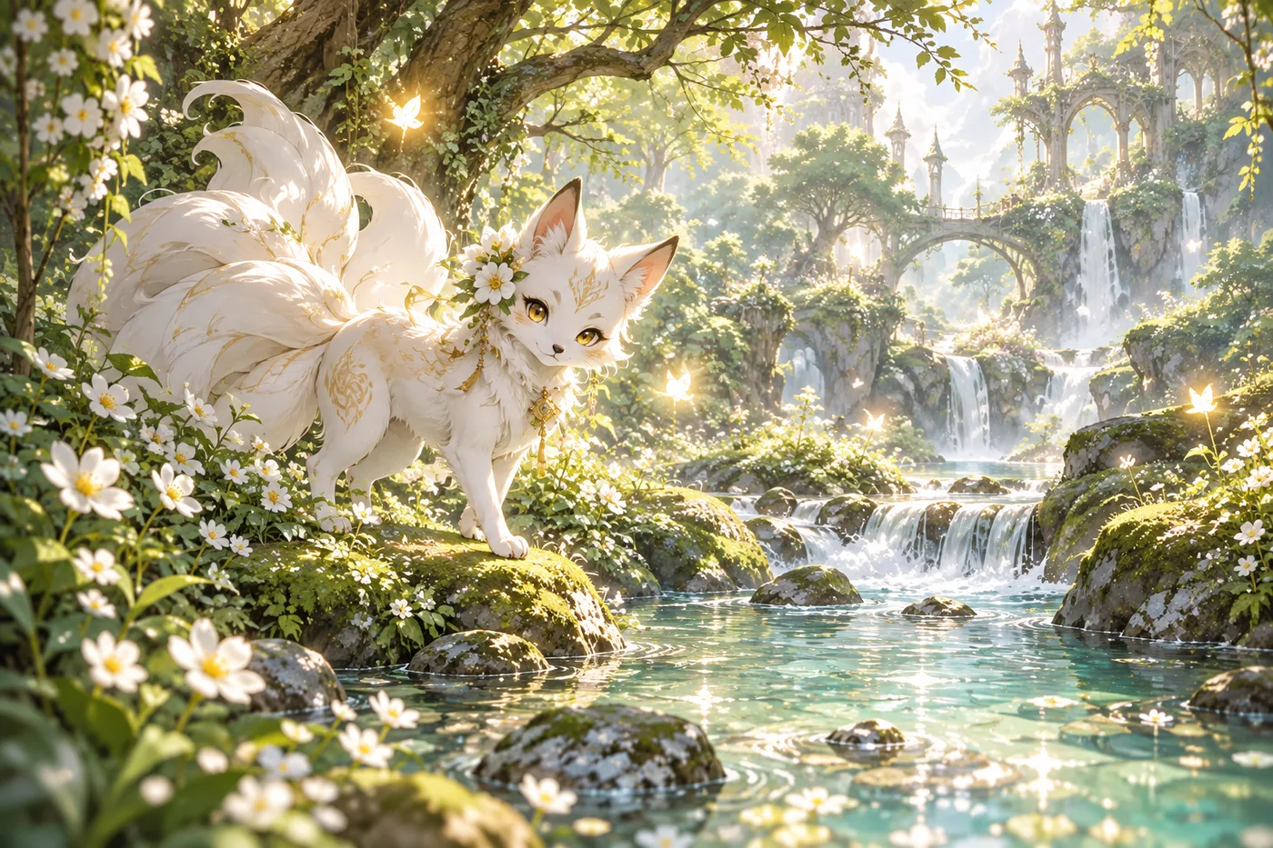 Weißer Fuchs mit vielen Schwänzen steht auf einem Stein an einem glitzernden Bach mit Wasserfällen im Märchenwald