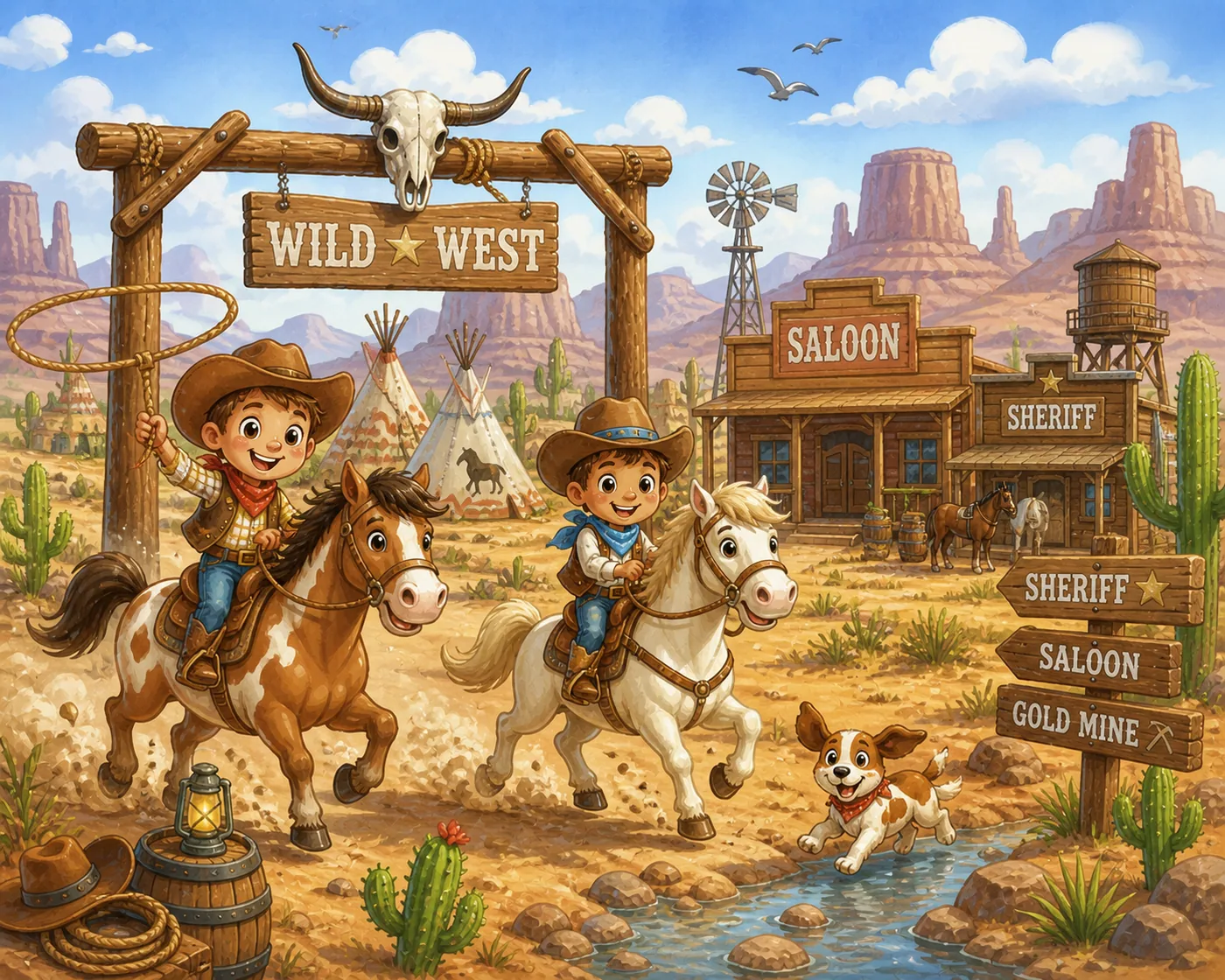 Kinder auf Pferden vor einem Wild West Saloon – Motiv für Kinderwelten als Fototapete