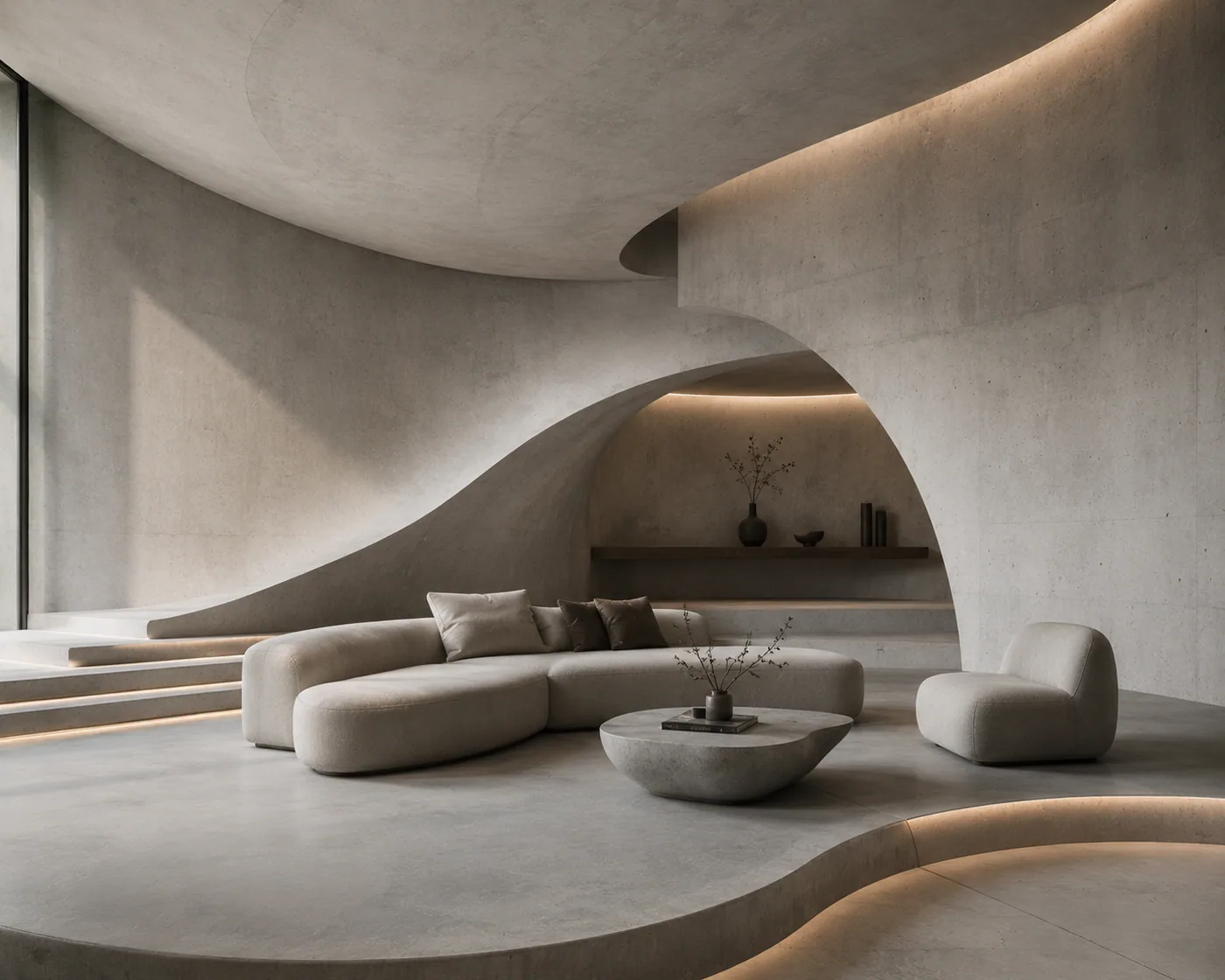 Futuristisches Wohnzimmer mit moderner Deckenkonstruktion und minimalistischer Einrichtung