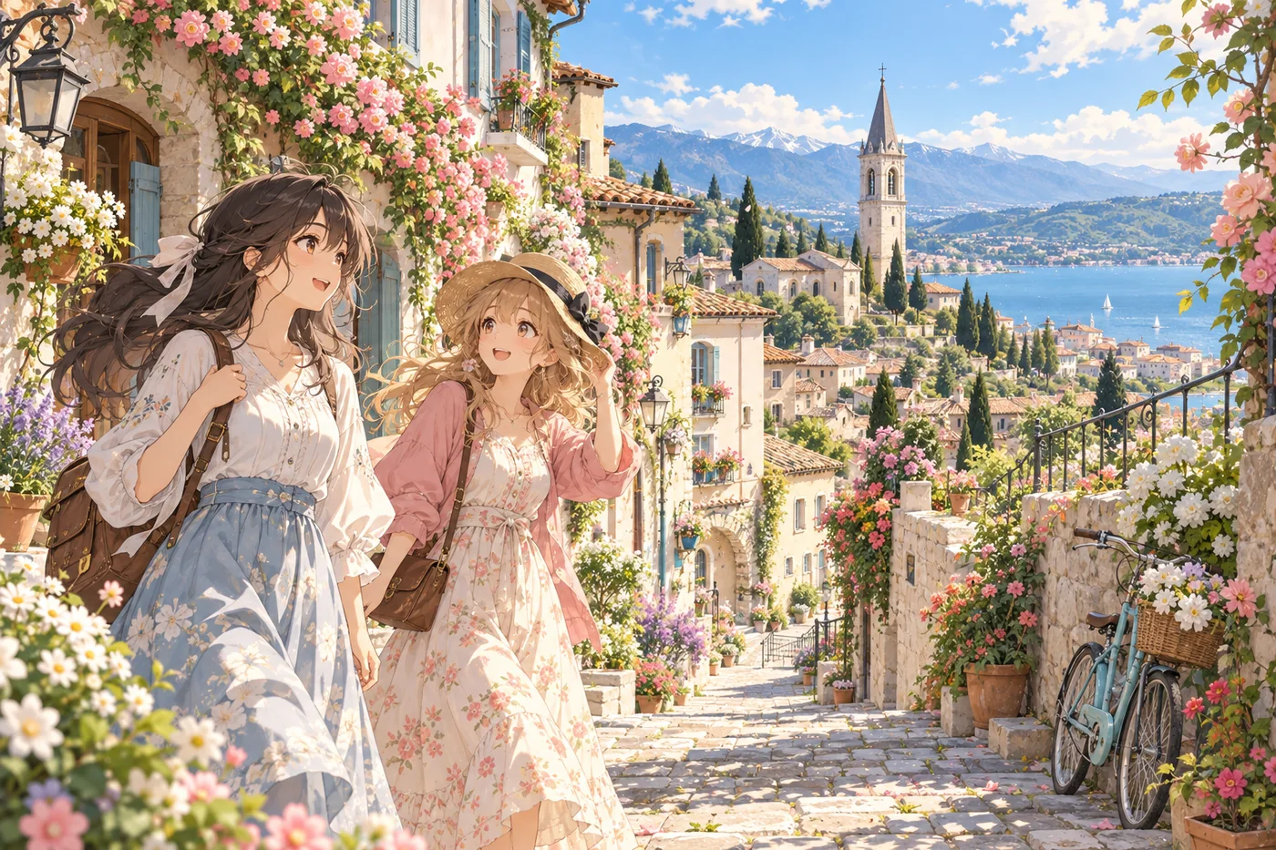 Zwei Anime-Mädchen spazieren durch eine blumengeschmückte Gasse eines Küstenstädtchens