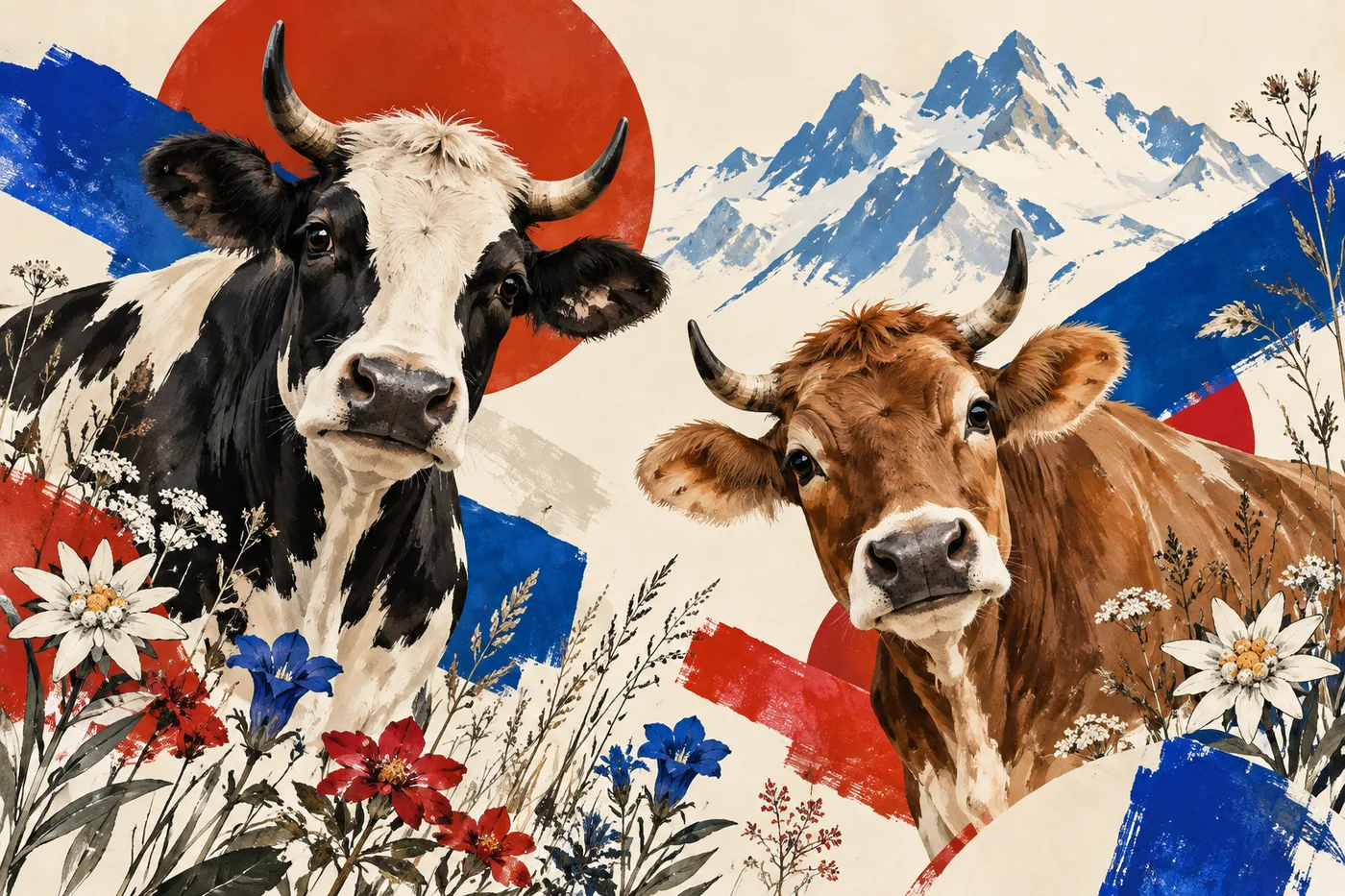 Schwarz-weiße und braune Kuh vor Alpen mit Edelweiß, Blumen sowie roten und blauen Farbflächen